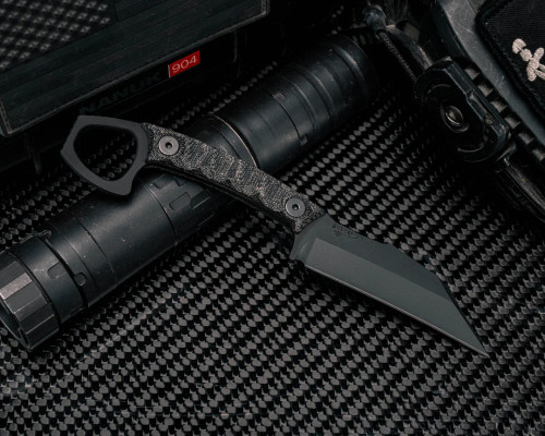 Half Face SHPOS Fixed Knife Black Canvas Micarta Armor Black Cerakote Allen Bolts Textured Grip