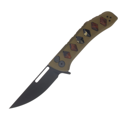 Half Face Custom Kwaiken Folder- Desert Ironwood and Black with Gold Web Tru-stone Inlay, Anodized Green Handle, Black Nitride Blade, Textured Grip, Deep Carry Pocket Clip  HFCUSTKWAIKENFDDIBKGLD