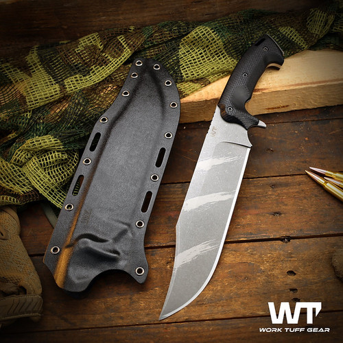 Work Tuff Gear Primal Fixed Blade Knife Tiger Stripe K329/Black Gator Grip G-10 with Black Kydex Sheath
