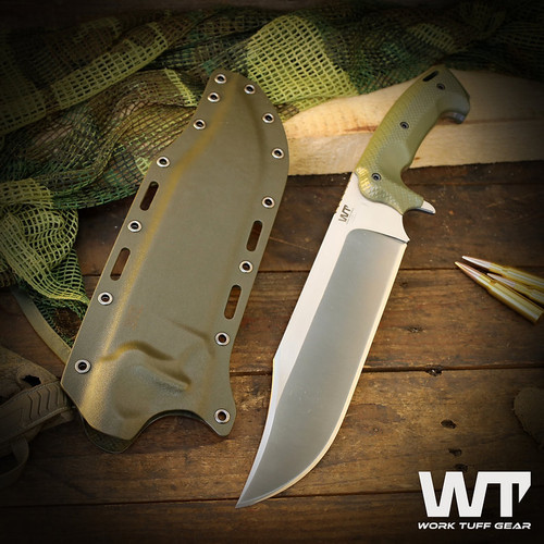 Work Tuff Gear Primal Fixed Blade Knife Satin K329/OD Green Gator Grip G-10 with OD Green Kydex Sheath