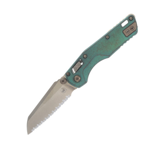 MICROTECH MSI MINI RAM-LOK FULL SERRATED MARFIONE SELECT BRONZED STONEWASH FINISH ANTIQUE GREEN ANODIZED SLAB SIDE TITANIUM W/ BRONZE TITANIUM ACCENT BRONZED DOUBLE VAPOR BLAST STAINLESS