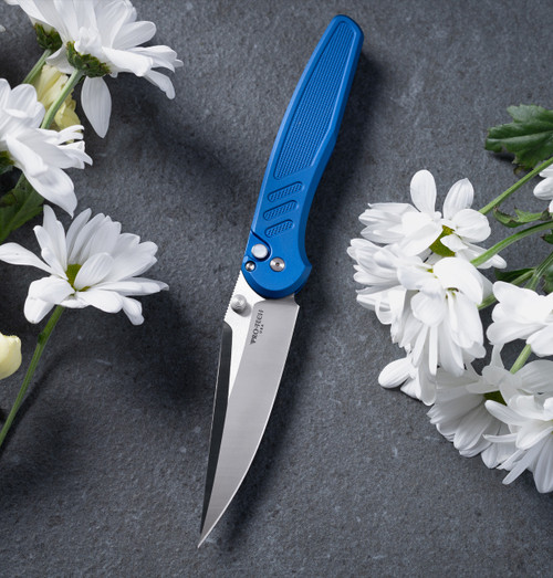 Pro Tech Peace Neighbor Designed Avalon Knurled Blue Aluminum Handle Machine Satin Magnacut Blade PN1100-LTD BLUE