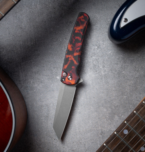 Pro Tech Mailbu Button Lock Flipper Del Fuego Custom Anodized Handle Stonewash Magnacut Reverse Tanto Blade PT5401-DF