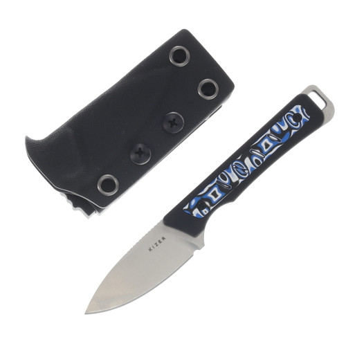 Kizer Whiskey Jack Fixed Blade Knife Satin AEB-L/Black, Blue & White Vortex Pattern Micarta 1108A6