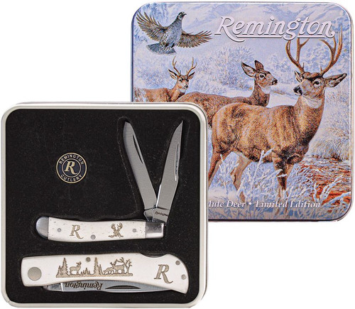 Remington Mule Deer White Smooth Bone Lockback and Peanut Folding Knife Gift Set with Collector Tin R15685