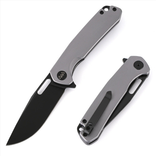 Wixco Pexston Folding Knife Black 14C28N Clip Point Blade Grey Aluminum Handle