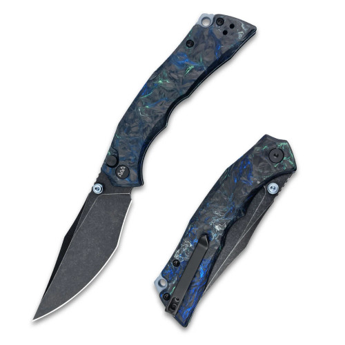 Wixco Jugger Button Lock Folding Knife Black Stonewash N690/Carbon Fiber with Blue Accents