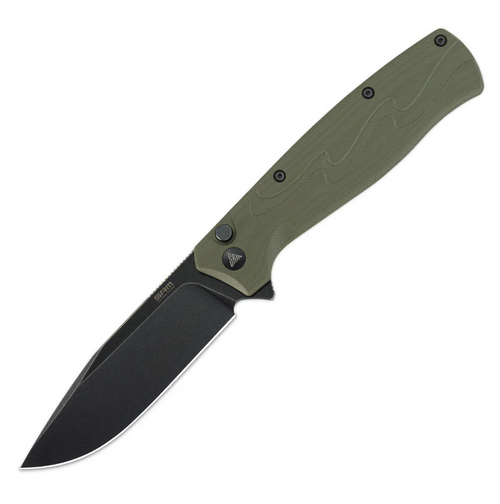 SRM 221X Button Lock Folding Knife Black Stonewash/OD Green G-10