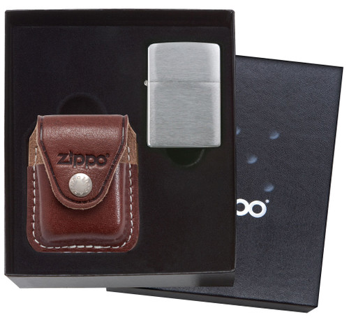 Zippo Lighter Brown Pouch W/ Clip and Brushed Chrome Lighter Combo ZP67010