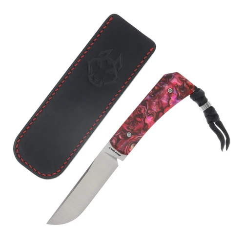 Jack Wolf Pioneer FixEDC Red Abalone Belt Satin S90V W/Black Paracord and Sheath