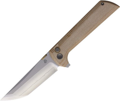 North Mountain Blade Chop 2 Button Lock Folder Tan Canvas Micarta Handle NMB2406YLMCT