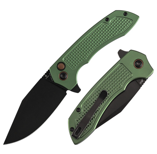 Tenable Entity Button Lock Folding Knife Blackwash 14C28N/Green Aluminum