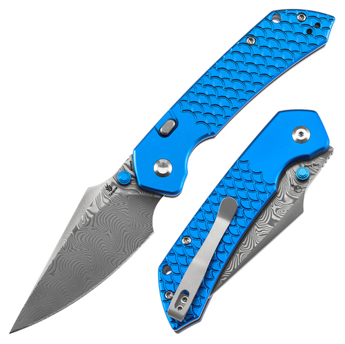 Tenable Fenrir Folding Knife Damascus/Blue Aluminum B1034H9