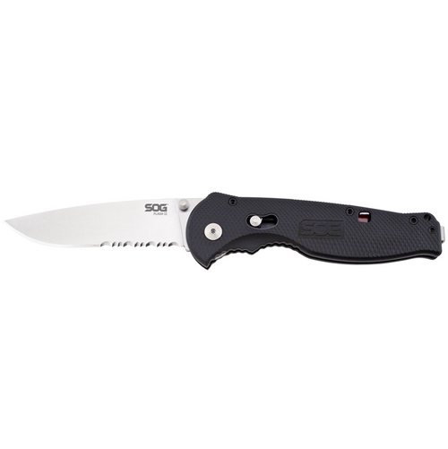 SOG Flash II AO Folder Black GRN Handle Partially Serrated AUS-8 Drop Point Blade