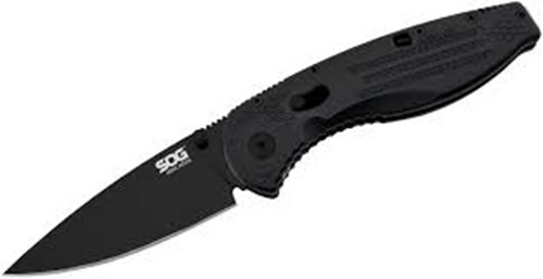SOG Aegis Mini AO Folder Black GRN Handle AUS-8 Black TiNi Drop Point Blade