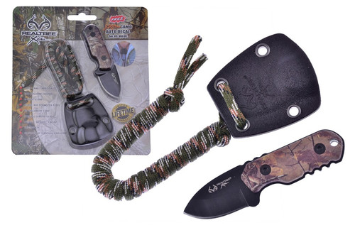 Frost Real Tree Camo Mini Neck Knife Black 420 SS Blade W/ Lanyard ABS Sheath