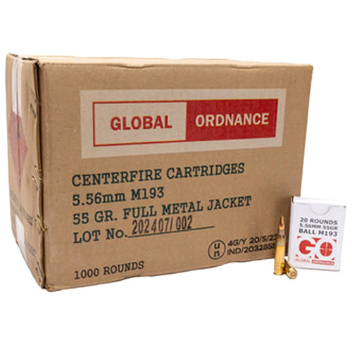 Global Ordnance 5.56x45mm NATO M193 Rifle Ammunition 1000 Round Case Brass Centerfire 55 Grain M193 FMJ 