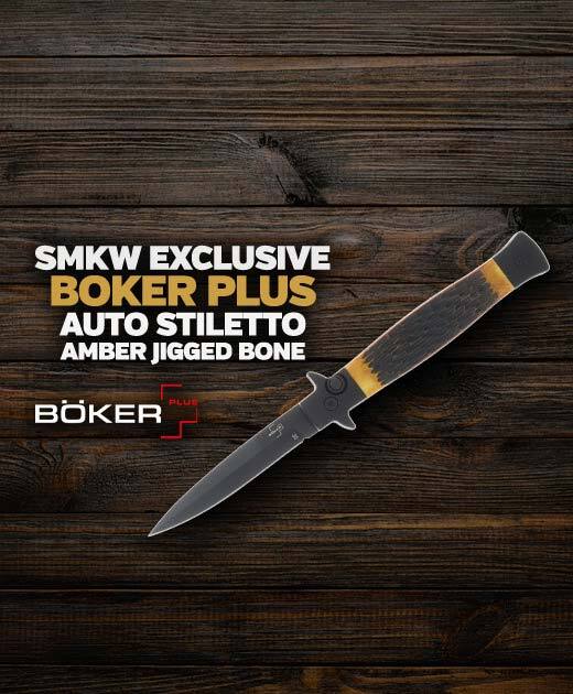 New SMKW Exclusive Boker Plus Auto Stiletto Amber Jigged Bone