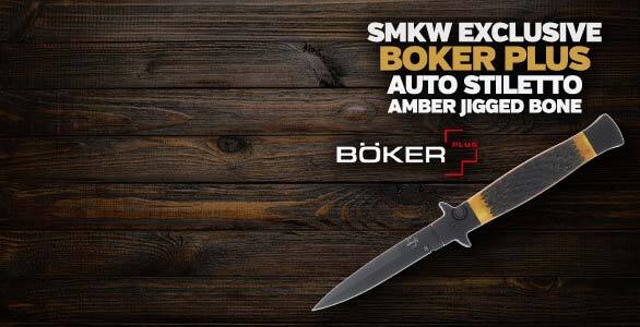 New SMKW Exclusive Boker Plus Auto Stiletto Amber Jigged Bone