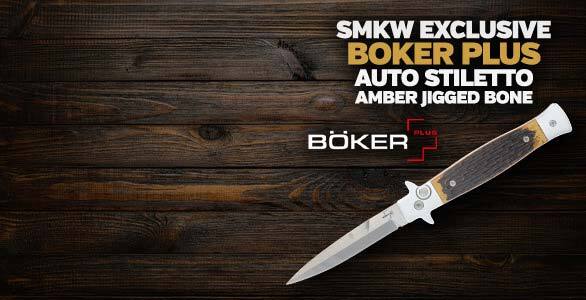 New SMKW Exclusive Boker Plus Auto Stiletto Amber Jigged Bone