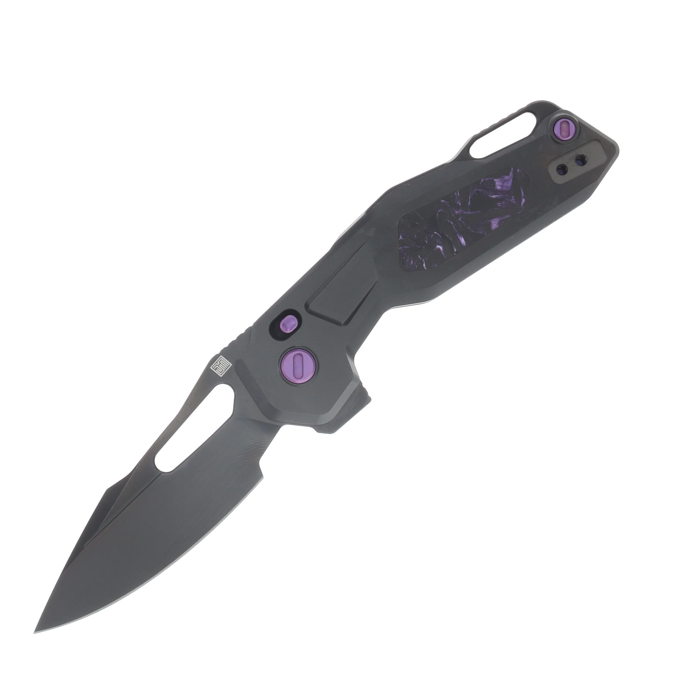 Ketuo Mini Griffin Button Lock Folding Knife M390/Black Titanium with Purple Carbon Fiber Inlay KETM0115 View 1