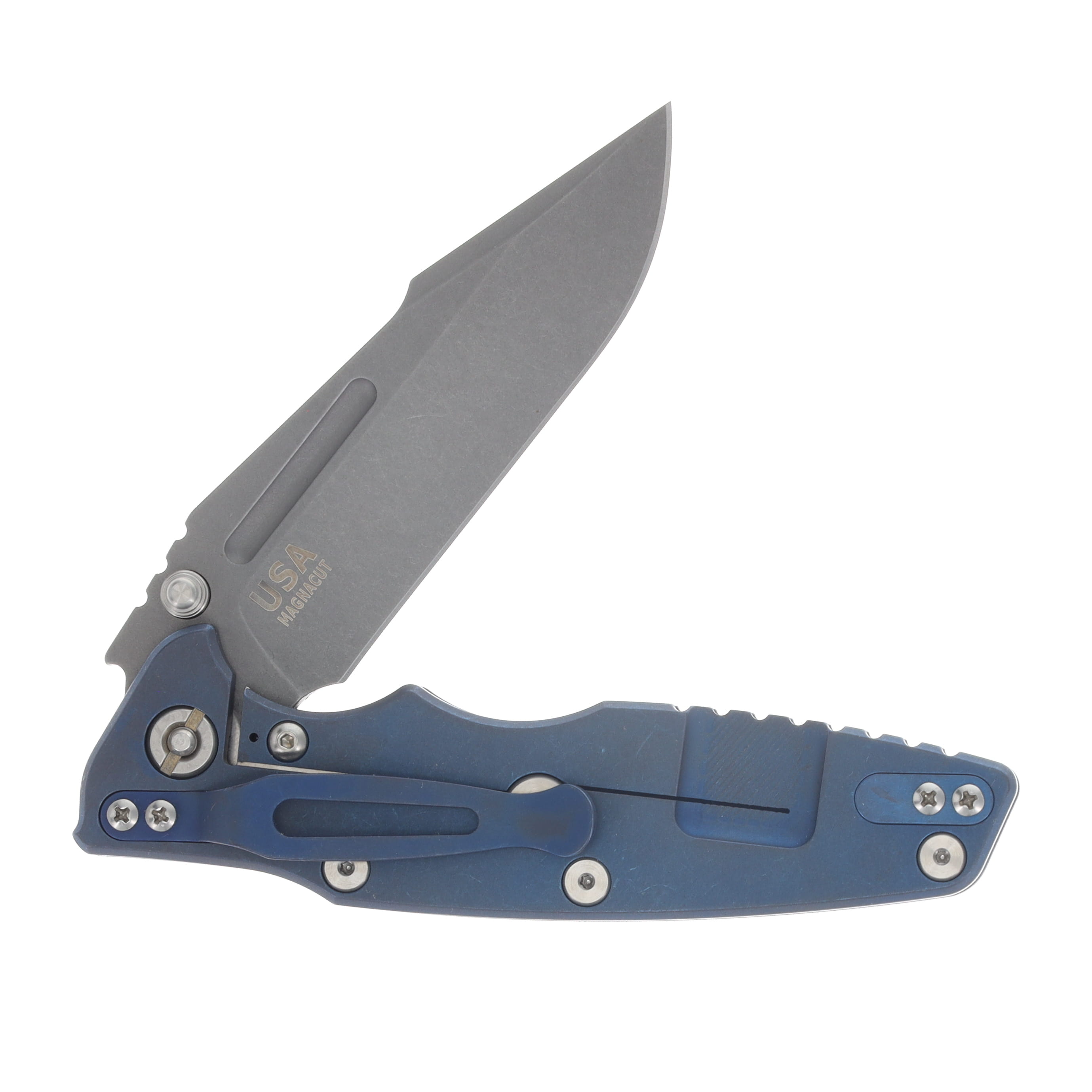Hinderer Eklipse Skinny Fullered Magnacut Harpoon Spearpoint Non Flipper Folder Tri-way Battle Blue Red G10 KEK35SKNFHSPEBBLRD View 4