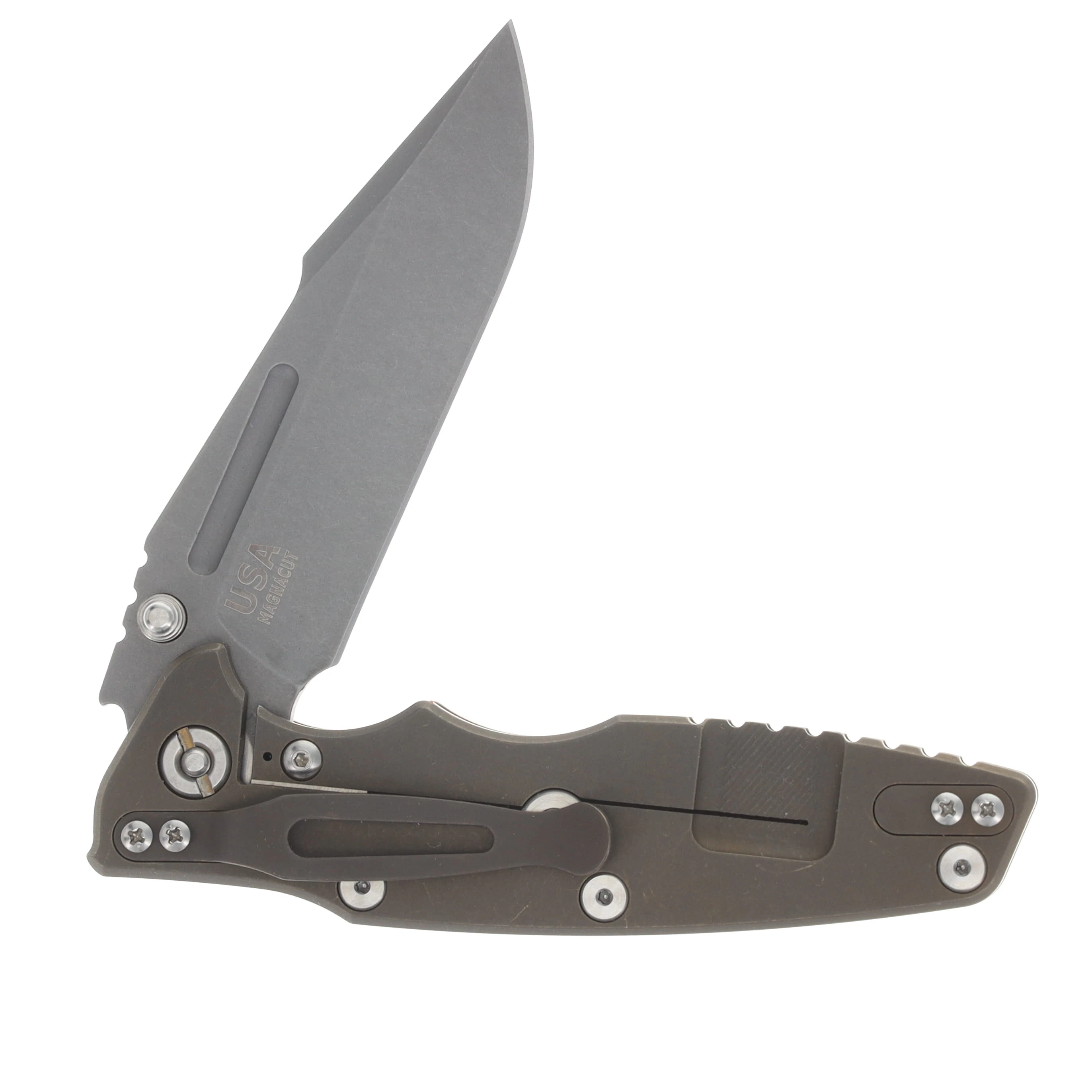 Hinderer Eklipse Skinny Fullered Magnacut Harpoon Spearpoint Non Flipper Folder Tri-way Battle Bronze Translucent Green KEK35SKNFHSPEBBZTG View 4