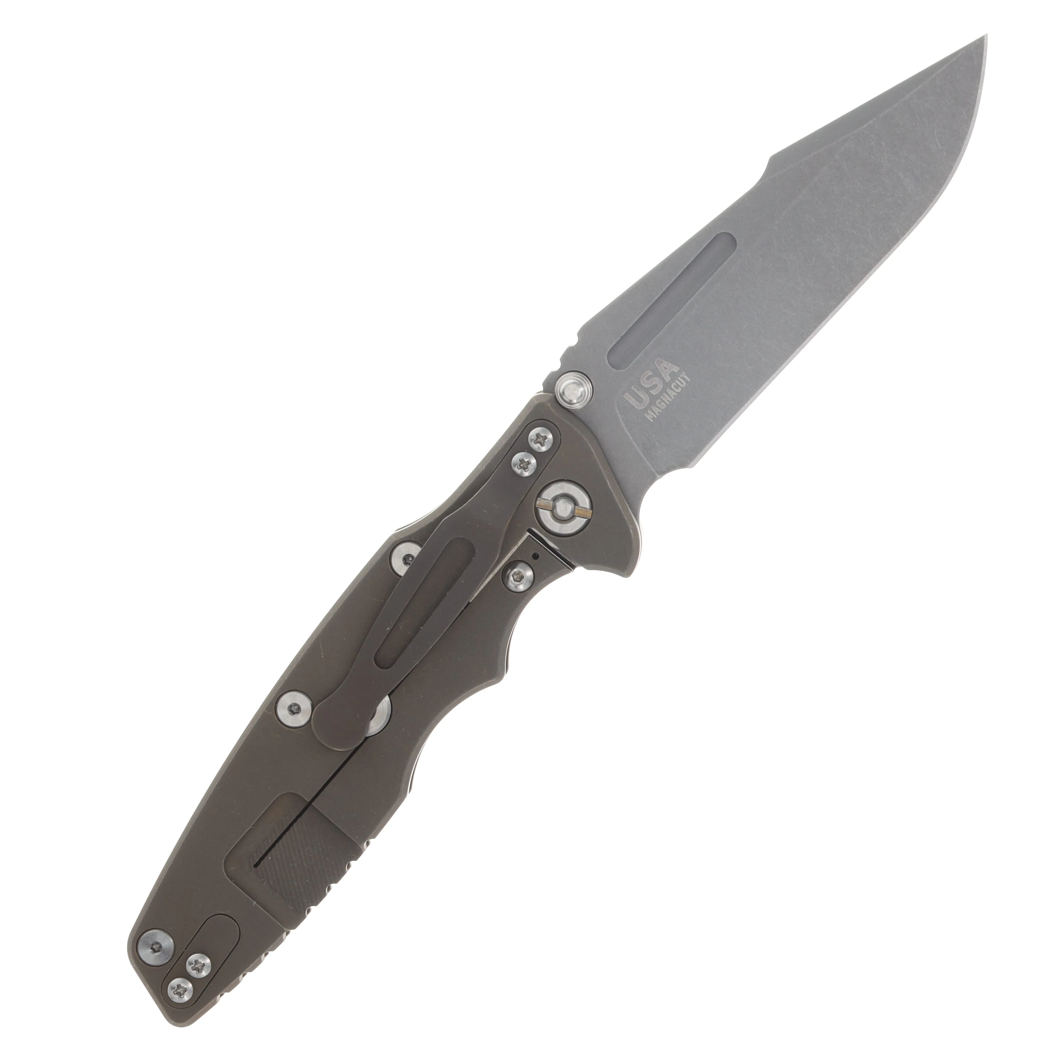 Hinderer Eklipse Skinny Fullered Magnacut Harpoon Spearpoint Non Flipper Folder Tri-way Battle Bronze Translucent Green KEK35SKNFHSPEBBZTG View 2