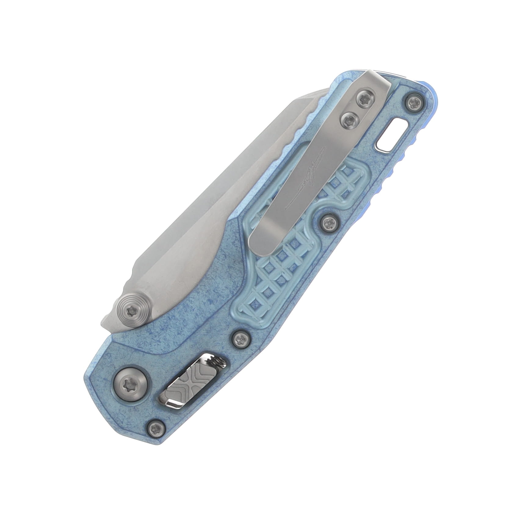 Microtech MSI Mini- RAM-LOK Folder MS STNWSH Ice Blue Frag TI W/ Blue Accent MT210M10FRMS7 View 5