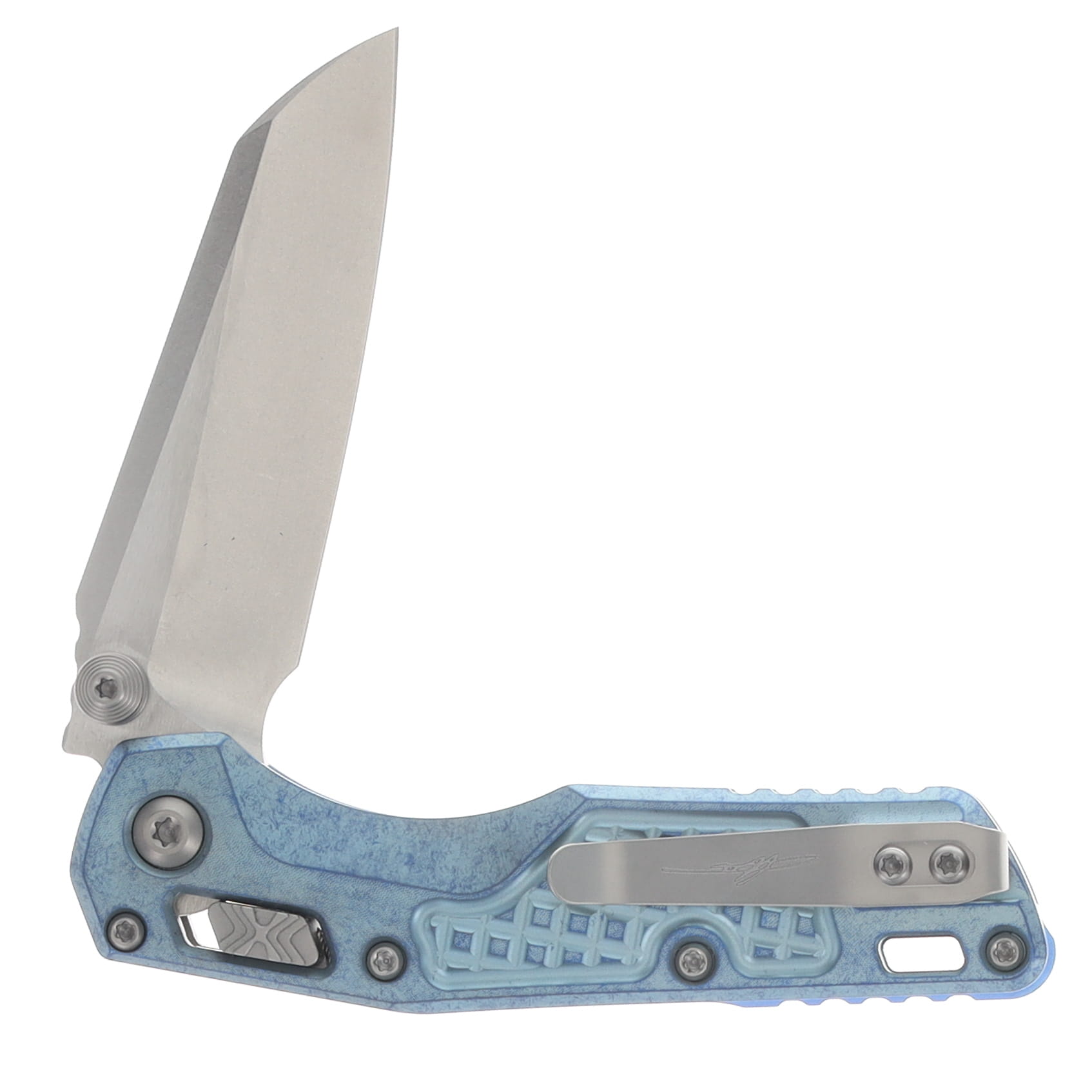 Microtech MSI Mini- RAM-LOK Folder MS STNWSH Ice Blue Frag TI W/ Blue Accent MT210M10FRMS7 View 4