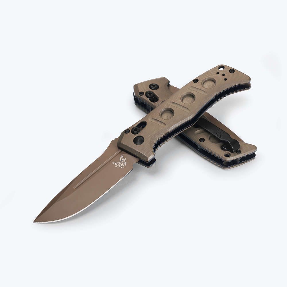 Benchmade Mini Auto Adamas Automatic Knife FDE Magnacut Drop Point/OD Green G-10 AUBM2730FE-05 View 1