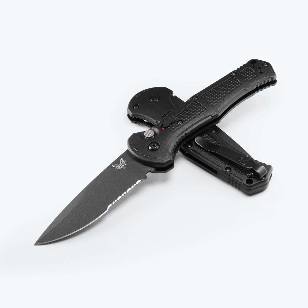 Benchmade Claymore Automatic Knife Serrated Black Cerakote Drop Point/Black Grivory AUBM9070SBK-02 View 1