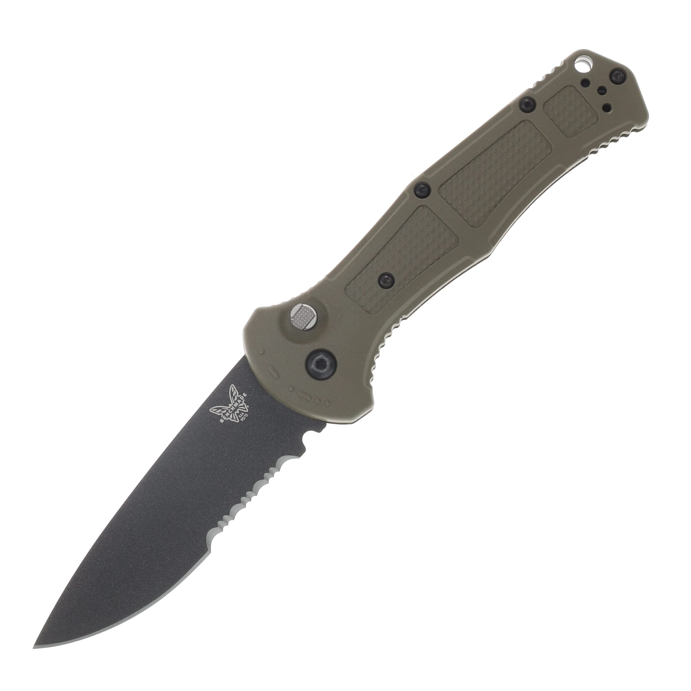 Benchmade Claymore Automatic Knife Serrated Black Cerakote Drop Point/Green Grivory AUBM9070SBK-03 View 1