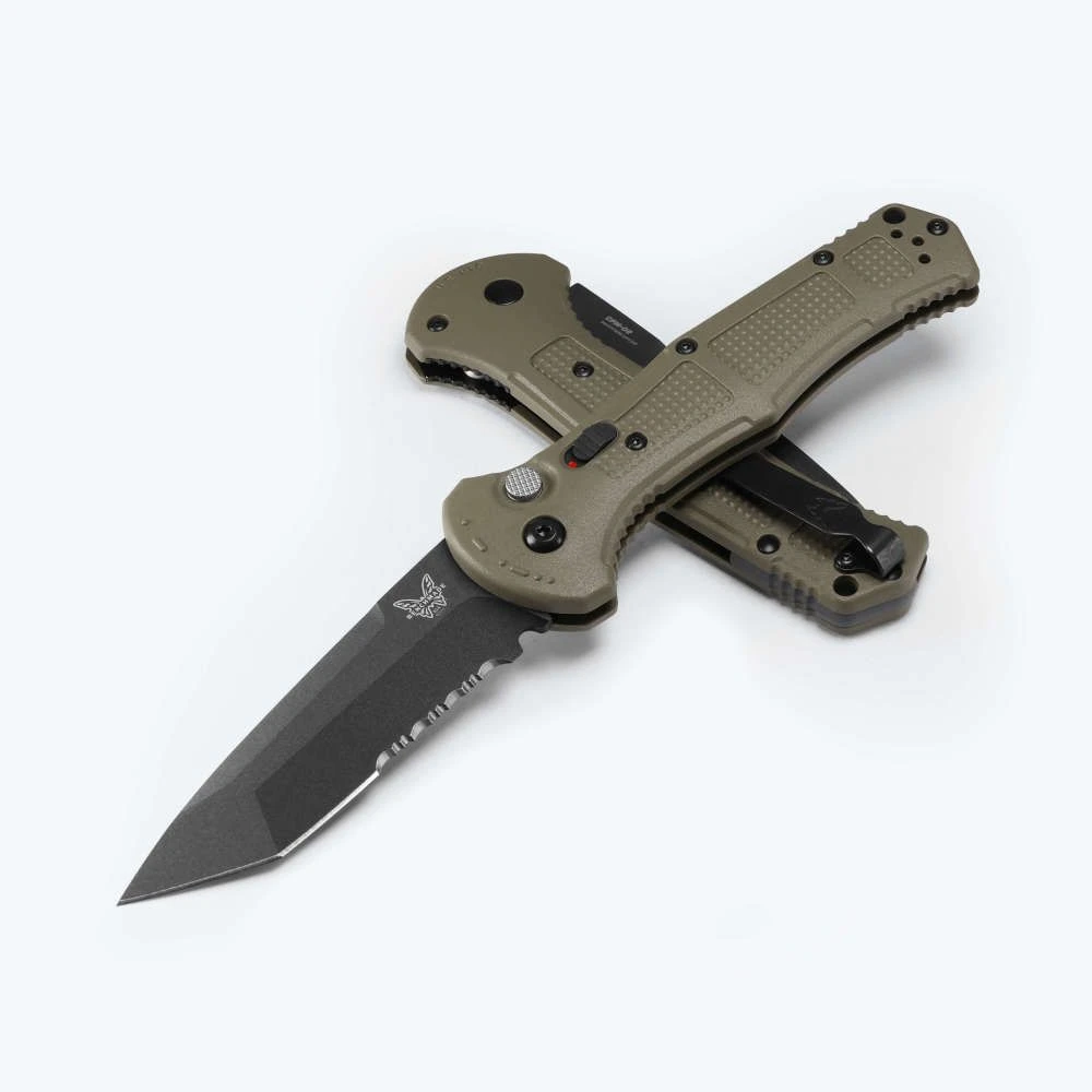 Benchmade Claymore Automatic Knife Black Cerakote Serrated Tanto/Green Grivory AUBM9071SBK-03 View 1