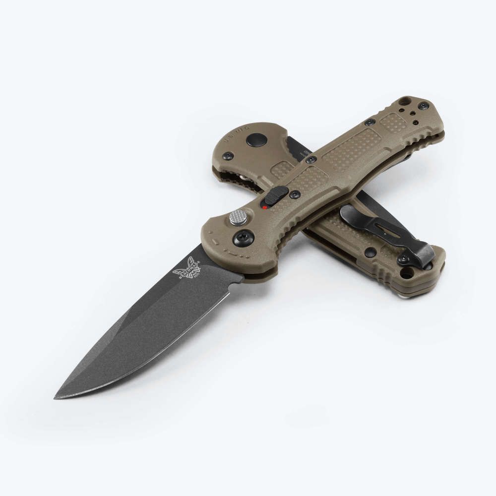 Benchmade Mini Claymore Automatic Knife Cobalt Black Cerakote Drop Point/Ranger Green Grivory AUBM9570BK-03 View 1