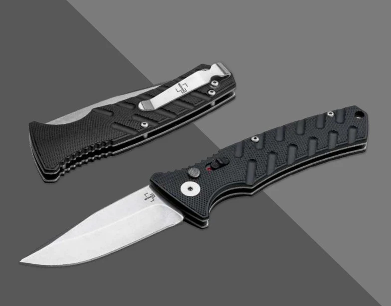 Boker Plus Strike Spear Point OTS Auto D2 Blade Black Aluminum Handle View 1