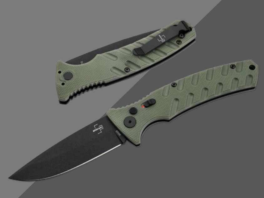 Boker Plus Large Strike Grivory Green OTS Auto 2.52in Black D2 Blade AUBK06EX896 View 1