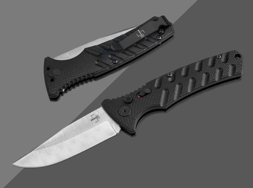 Boker Plus Strike OTS Auto Damast Blade Black Aluminum Handle View 1
