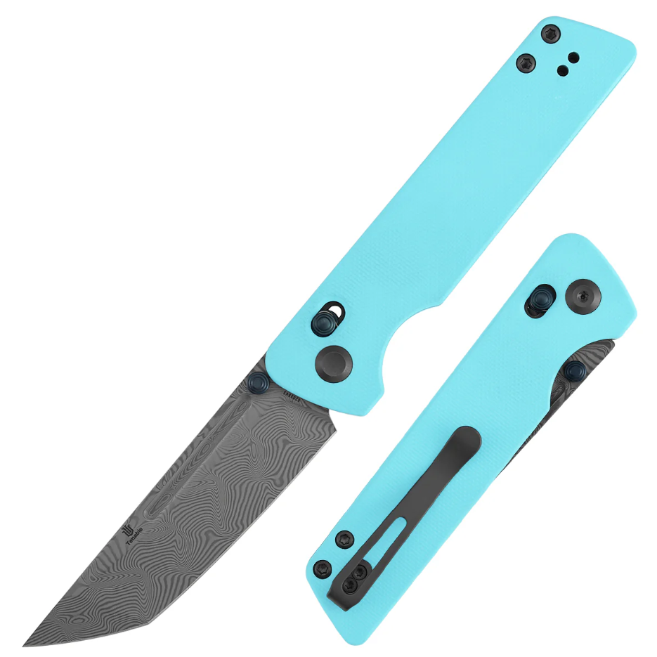 Tenable Anomaly Crossbar Lock Folding Knife Damascus/Blue Aluminum Dirk Pinkerton Design B2038V3 View 1