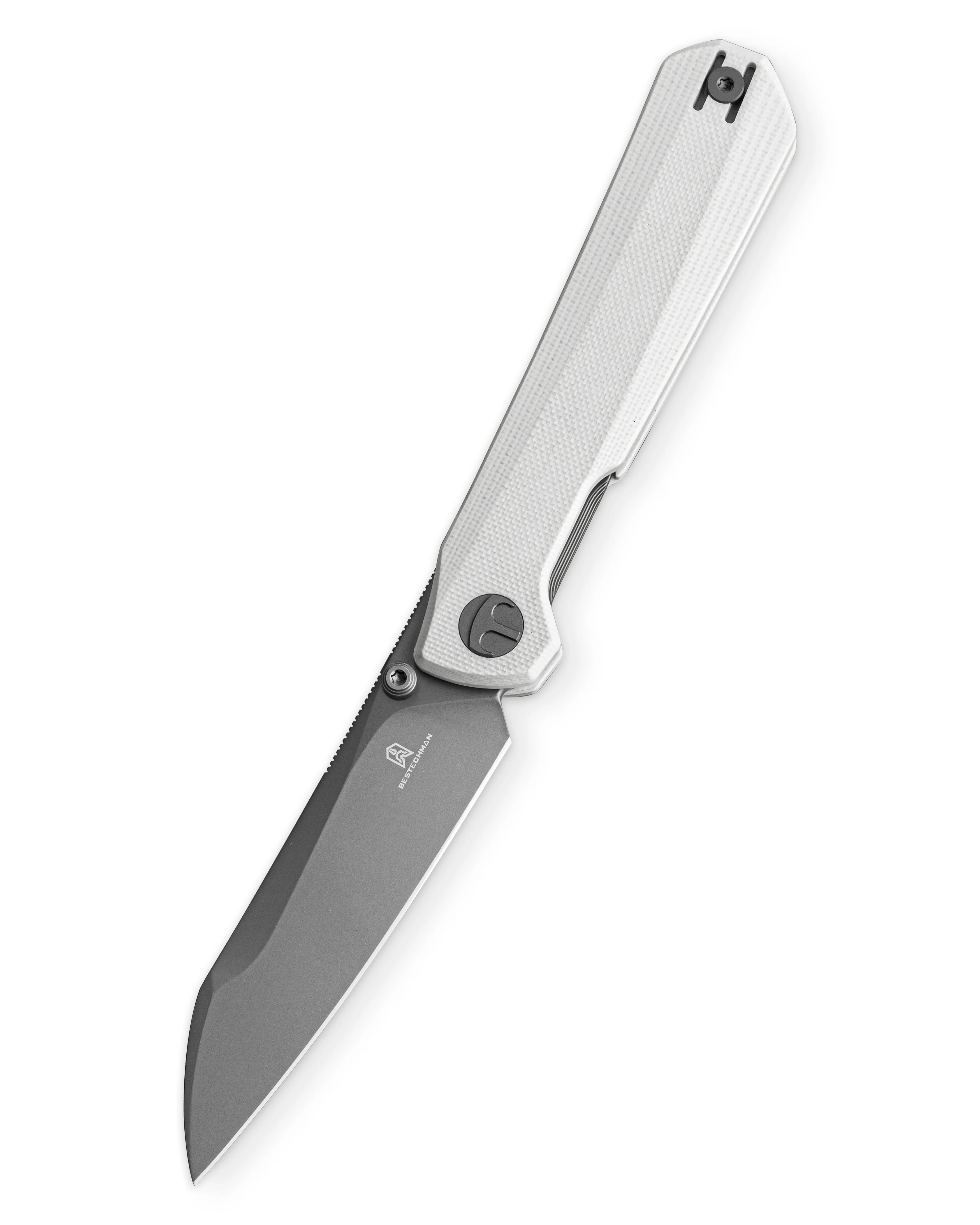 Bestechman Curvee Ostap Hel Front Flipper Knife | White G-10 Grey PVD BMK20D View 2