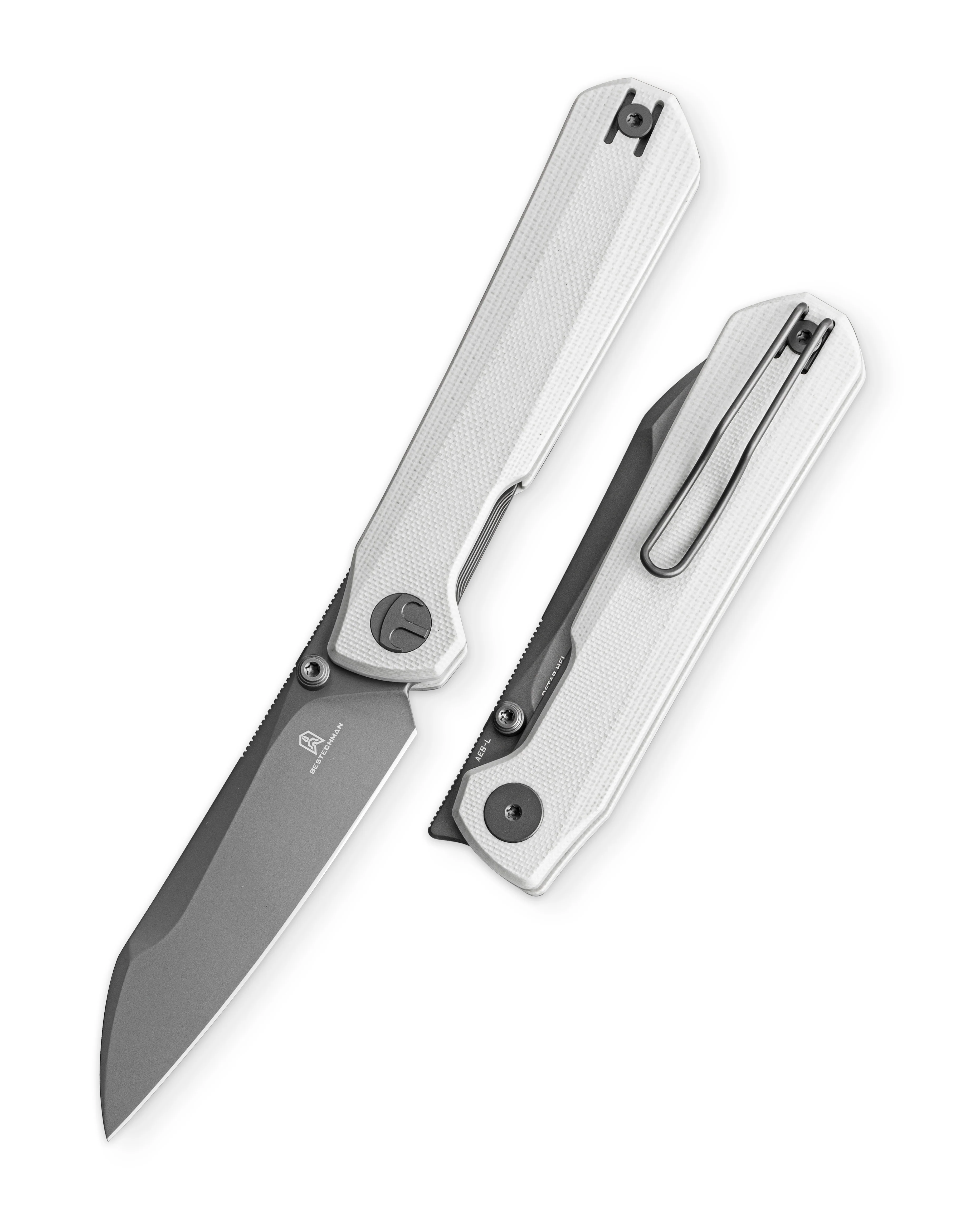 Bestechman Curvee Ostap Hel Front Flipper Knife | White G-10 Grey PVD BMK20D View 1
