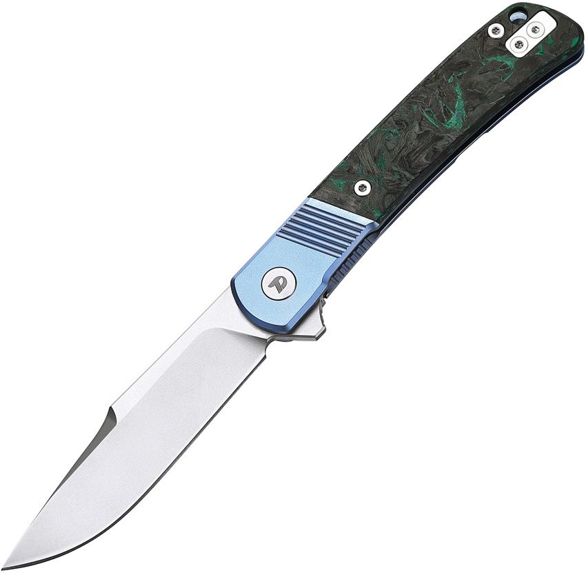 Dreamtech Blue Titanium Green Carbon Fiber D2 Flipper Framelock Knife DTK4368BL View 1