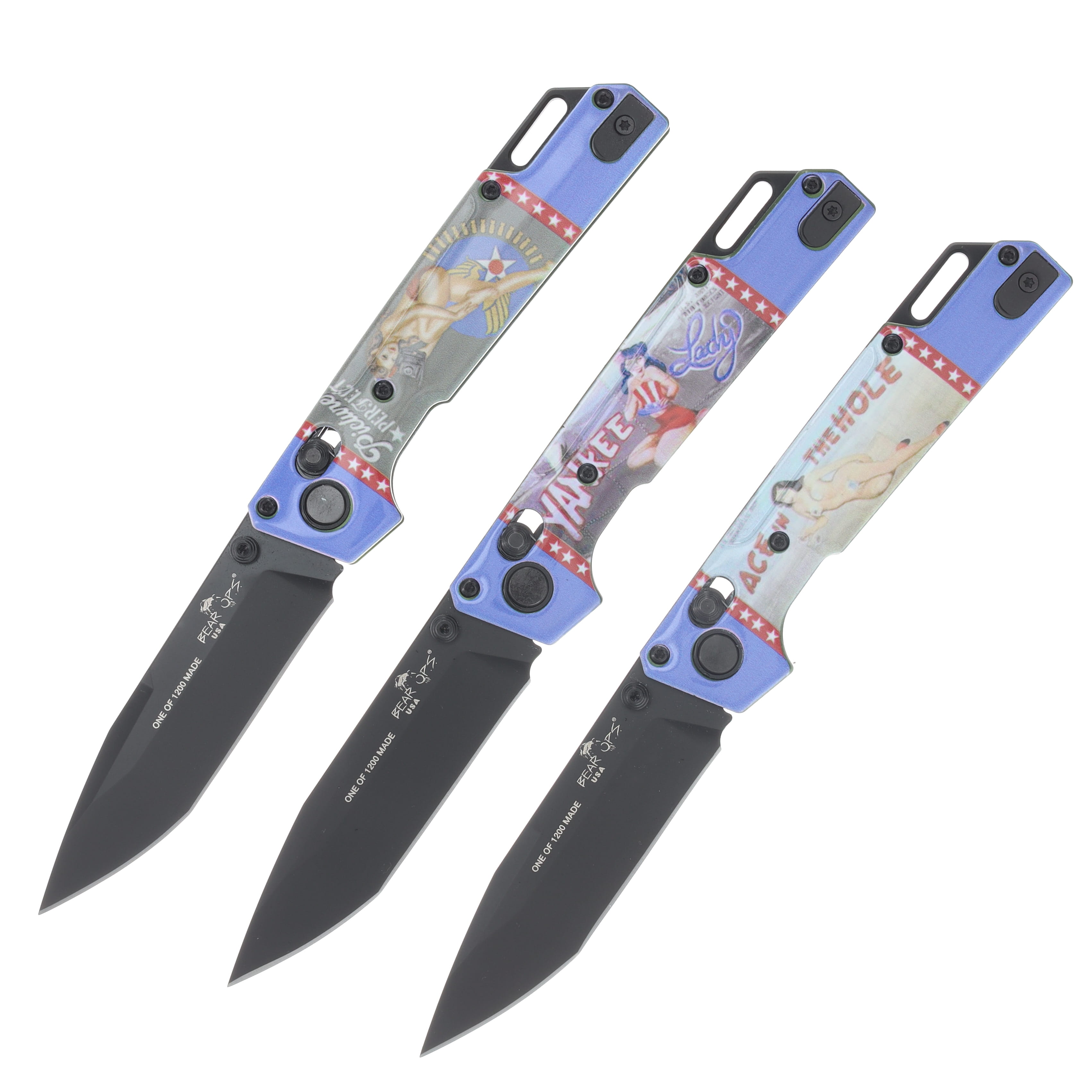 Bear & Son Famous Pin-Up Art On World War II Bombers 3PC Folding Knife Set April-May-June U26AMJC View 2