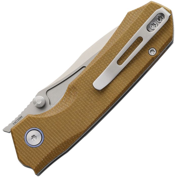 Remette Knives RT-Rhino Folding Knife Sandblast 14C28N Drop Point/Brown Micarta View 2