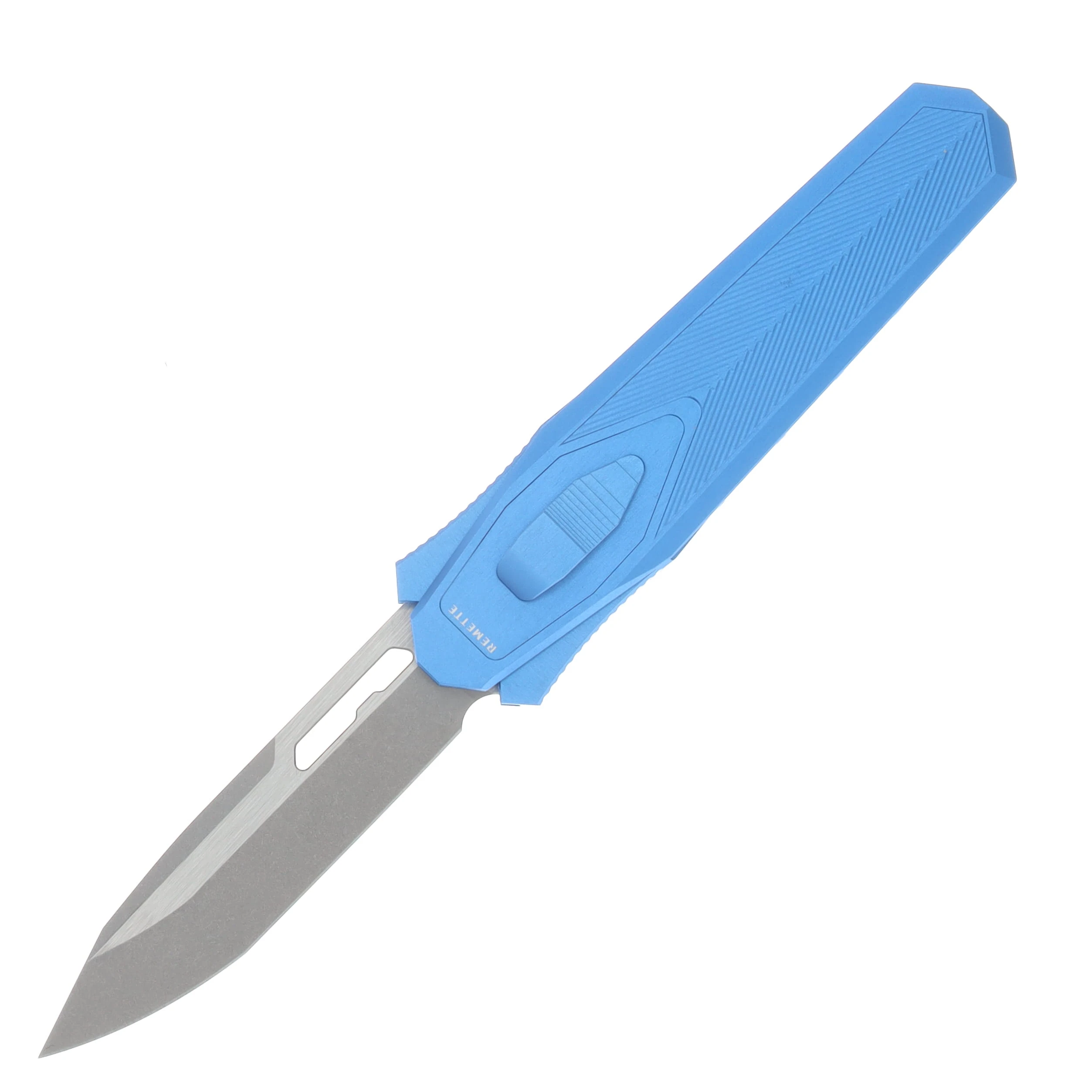 Remette Knives Swordfish OTF Gravity Knife Stonewash 14C28N Reverse Tanto/Blue Aluminum & Carbon Fiber ZL103C4 View 3
