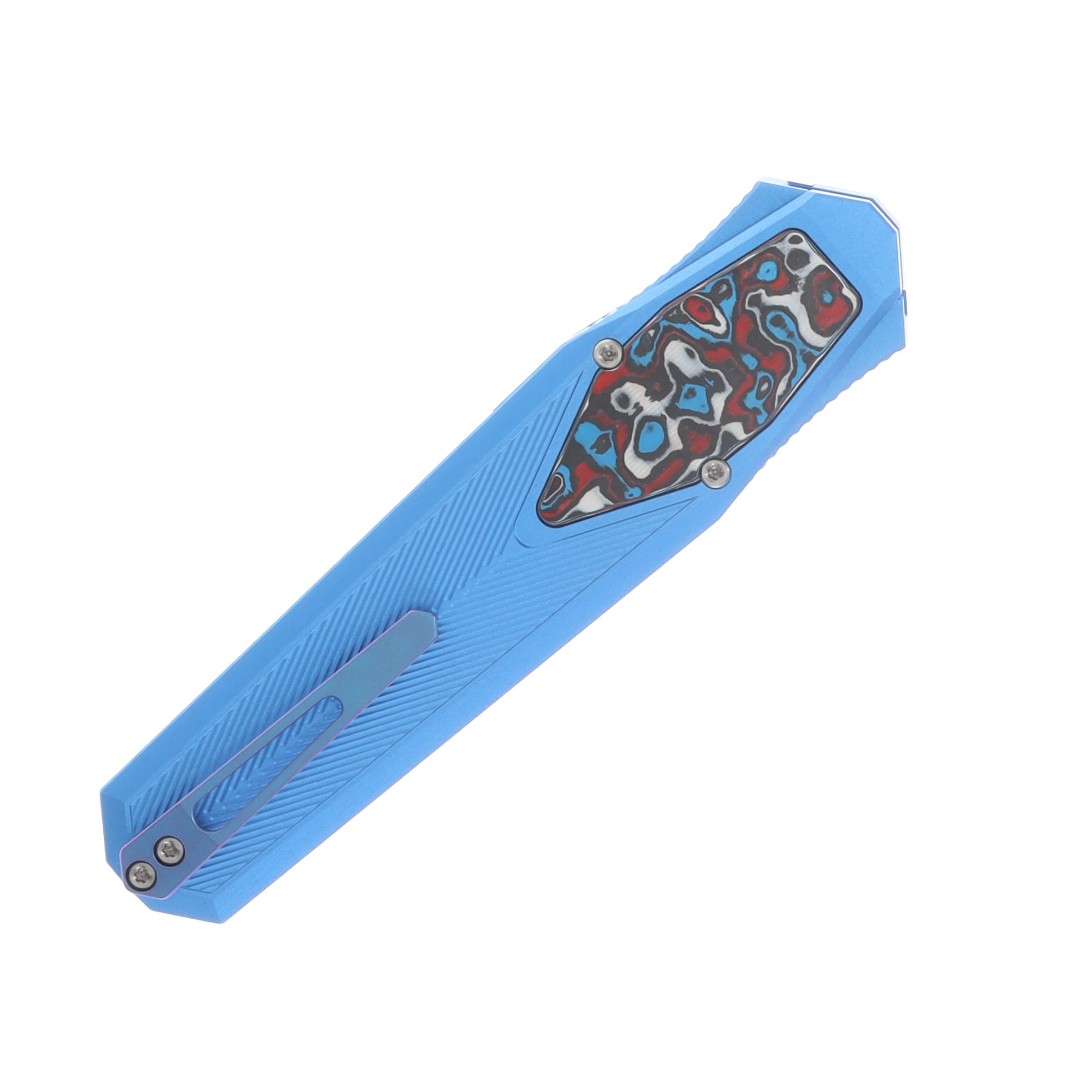 Remette Knives Swordfish OTF Gravity Knife Stonewash 14C28N Reverse Tanto/Blue Aluminum & Carbon Fiber ZL103C4 View 6