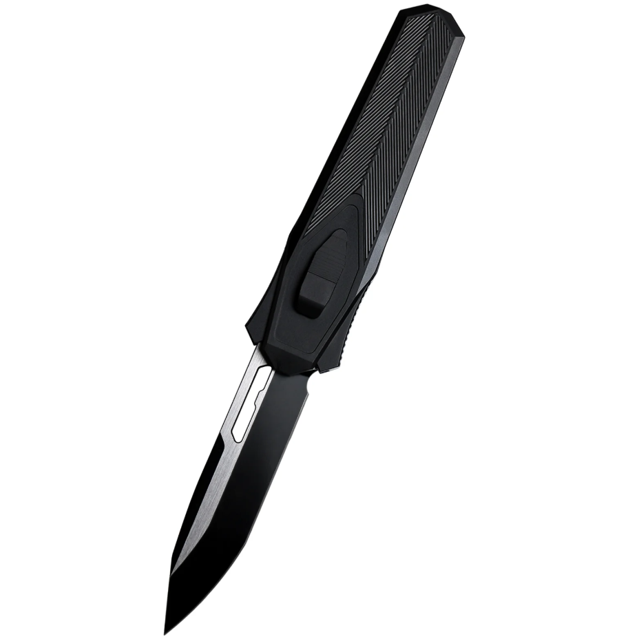 Remette Knives Swordfish OTF Gravity Knife Satin and Black 14C28N Reverse Tanto/Black Aluminum & Carbon Fiber ZL103C8 View 1