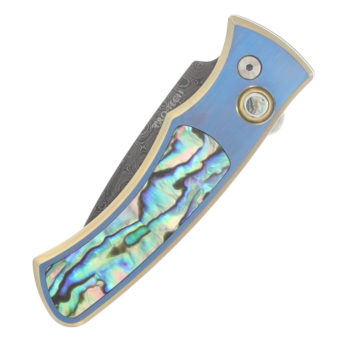 ProTech Duke Custom 004 Automatic Knife Chad Nichols Raindrop Damascus/Blue and Gold Anodized Titanium with Abalone Inlay 2026DUKECUST4 View 3