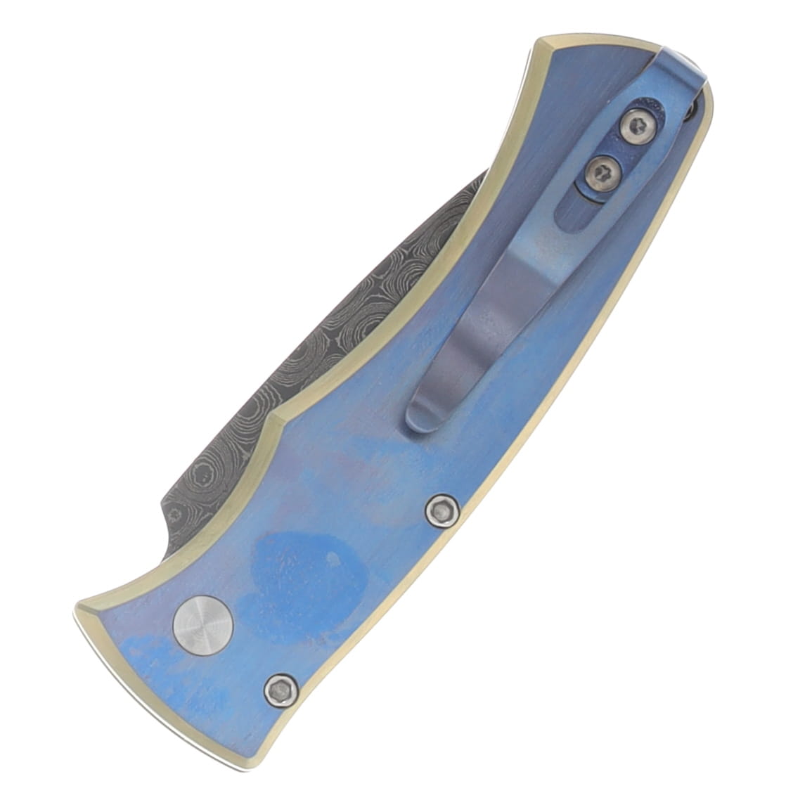 ProTech Duke Custom 004 Automatic Knife Chad Nichols Raindrop Damascus/Blue and Gold Anodized Titanium with Abalone Inlay 2026DUKECUST4 View 4