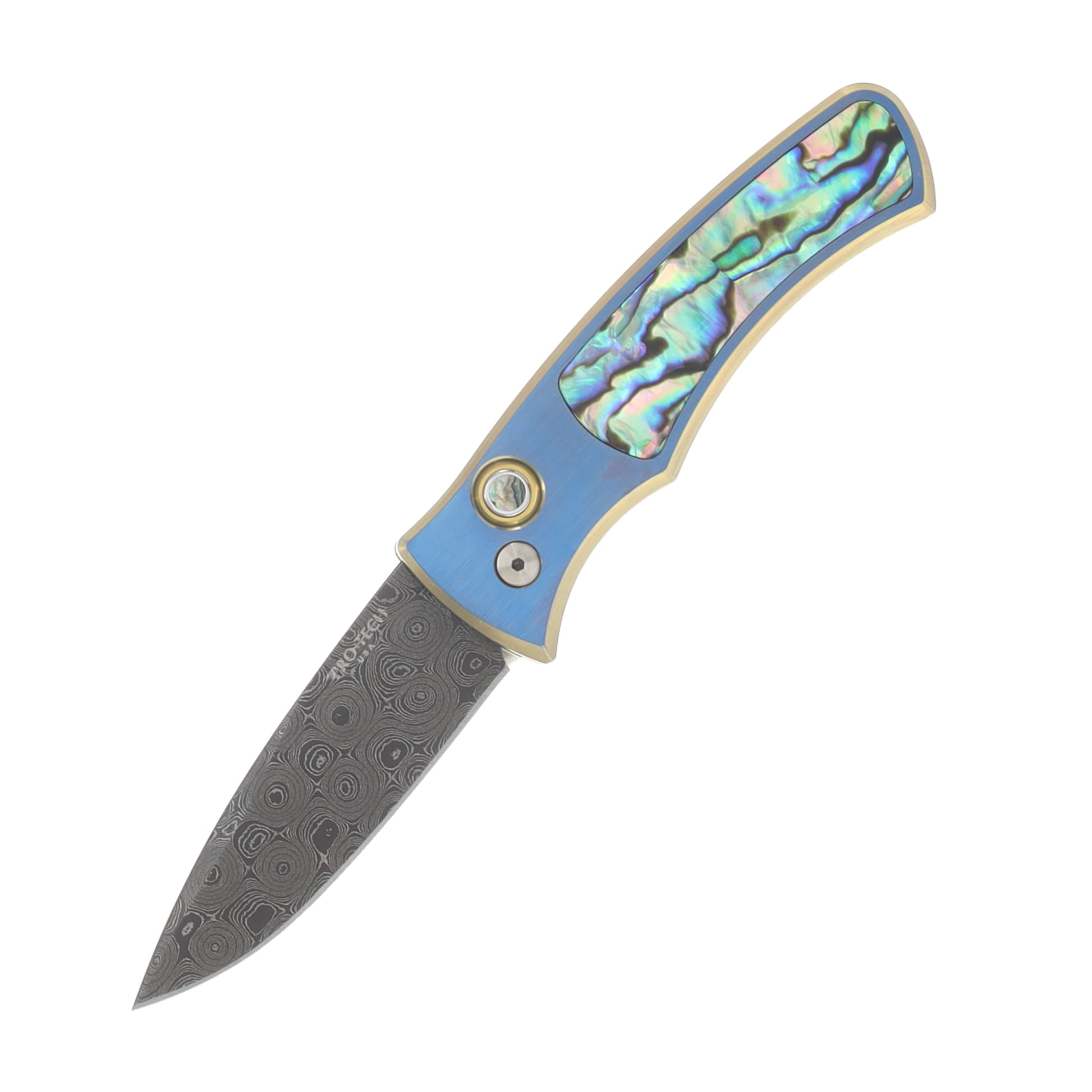 ProTech Duke Custom 004 Automatic Knife Chad Nichols Raindrop Damascus/Blue and Gold Anodized Titanium with Abalone Inlay 2026DUKECUST4 View 1